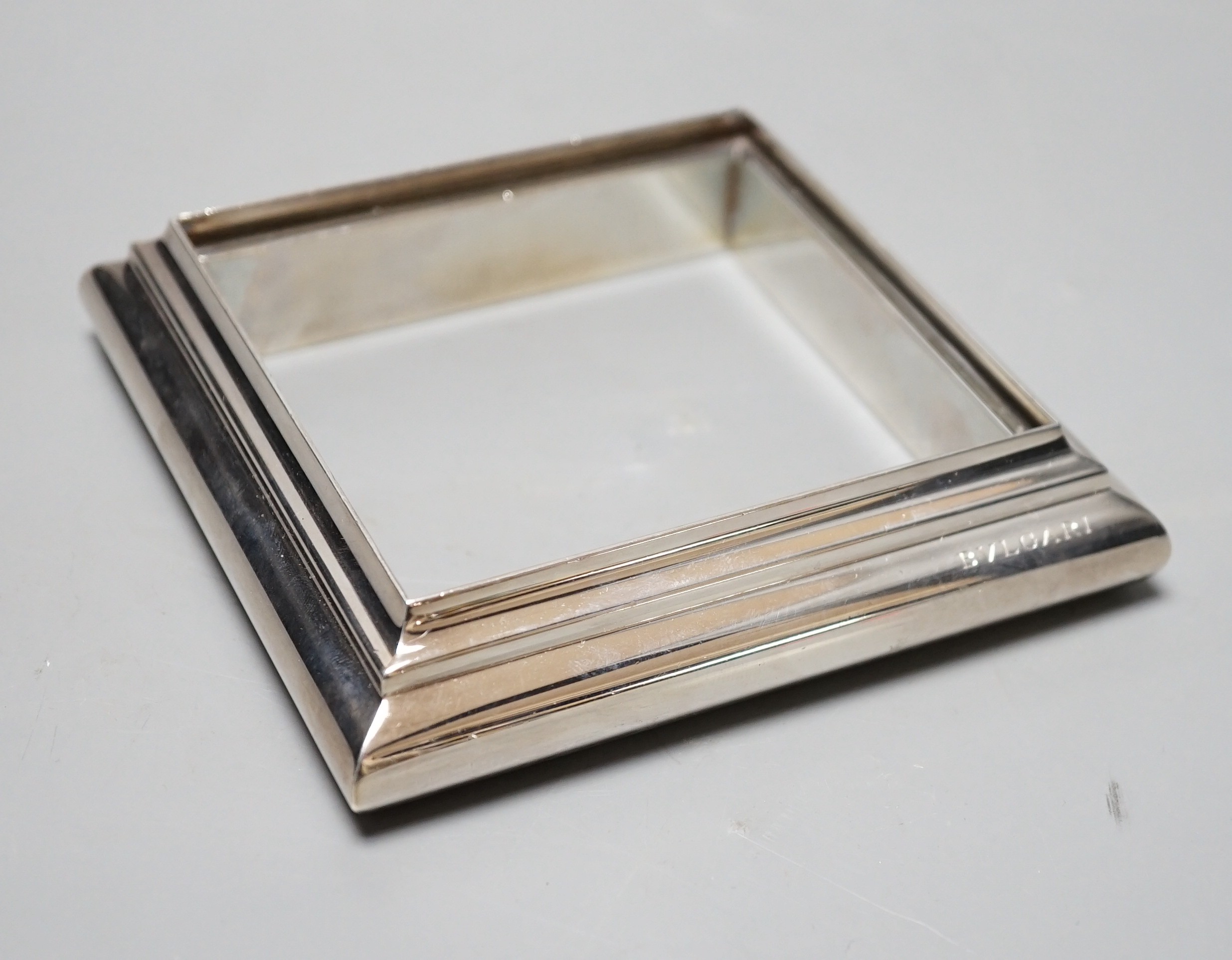 A modern Italian Bulgari 925 square stand, 11.8cm, 9oz, lacking glass insert?.